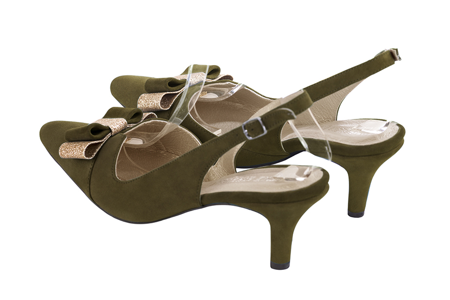 Women's khaki green and gold elegant slingback heels, with a bow on the front. Tapered toe. Medium slim heel - Rear view
